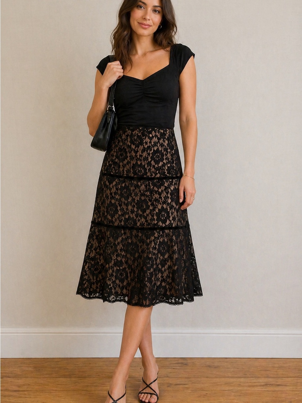 NY & Co Black Floral Lace Midi Skirt Nude Lining A-Line Elastic Waist Size S